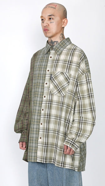 アジョバイアジョ（AJOBYAJO) Over Check Mixed Shirt [Green]