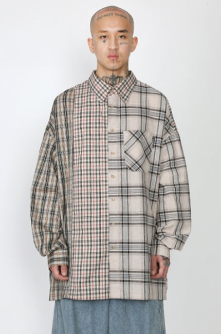アジョバイアジョ（AJOBYAJO) Over Check Mixed Shirt [Beige]