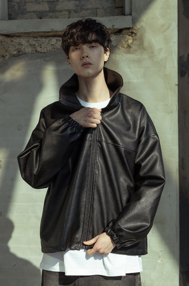 マスノウン(MASSNOUN)  VEGAN LEATHER OVER ZIP-UP JACKET MSOLJ002-BK