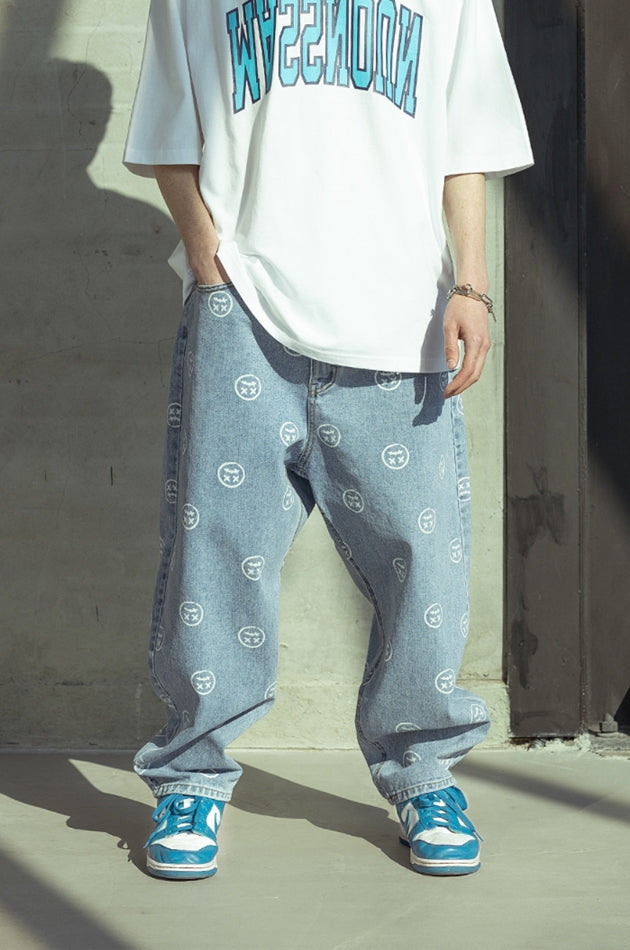 マスノウン(MASSNOUN)  SMILE PATTERN DENIM PANTS MSOJP003-BL