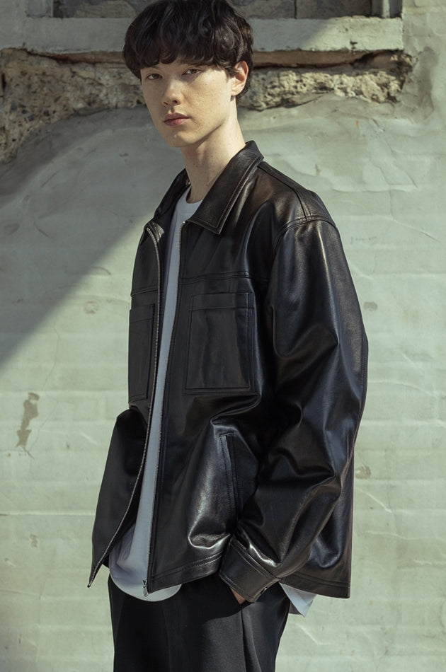 マスノウン(MASSNOUN)  LAMBSKIN OVERSIZED POCKET JACKET MSOLJ003-BK
