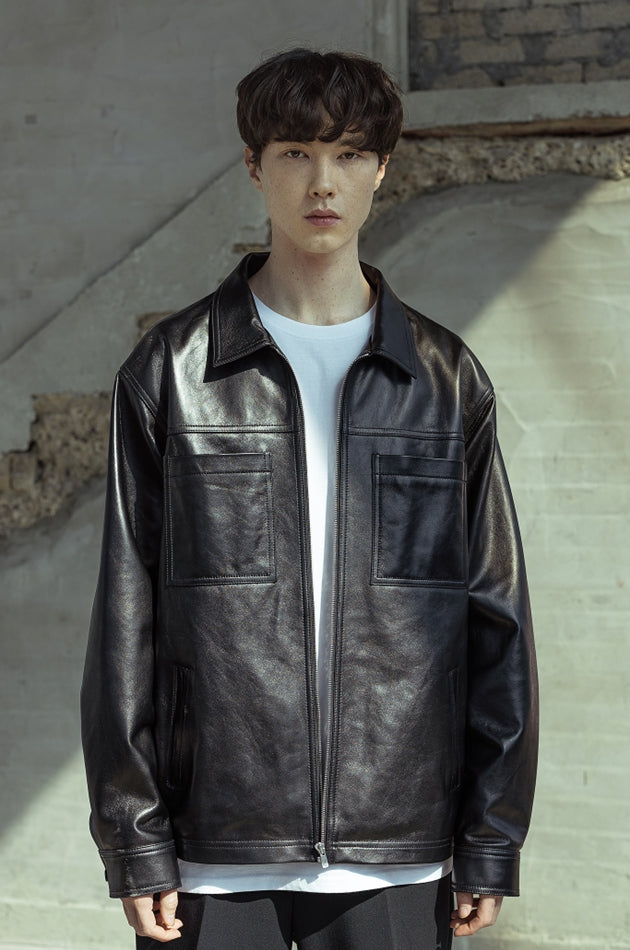 マスノウン(MASSNOUN)  LAMBSKIN OVERSIZED POCKET JACKET MSOLJ003-BK