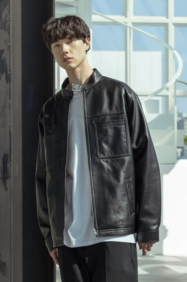 マスノウン(MASSNOUN)  LAMBSKIN OVERSIZED STANDCOLLAR JACKET MSOLJ004-BK