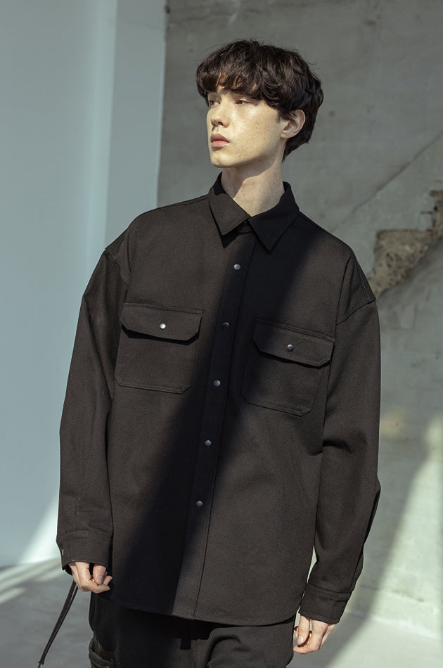 マスノウン(MASSNOUN)  CABLE OVERSIZED HARD COTTON SHIRTS MSOST002-BK