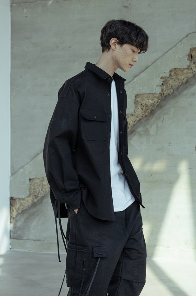 マスノウン(MASSNOUN)  CABLE OVERSIZED HARD COTTON SHIRTS MSOST002-BK