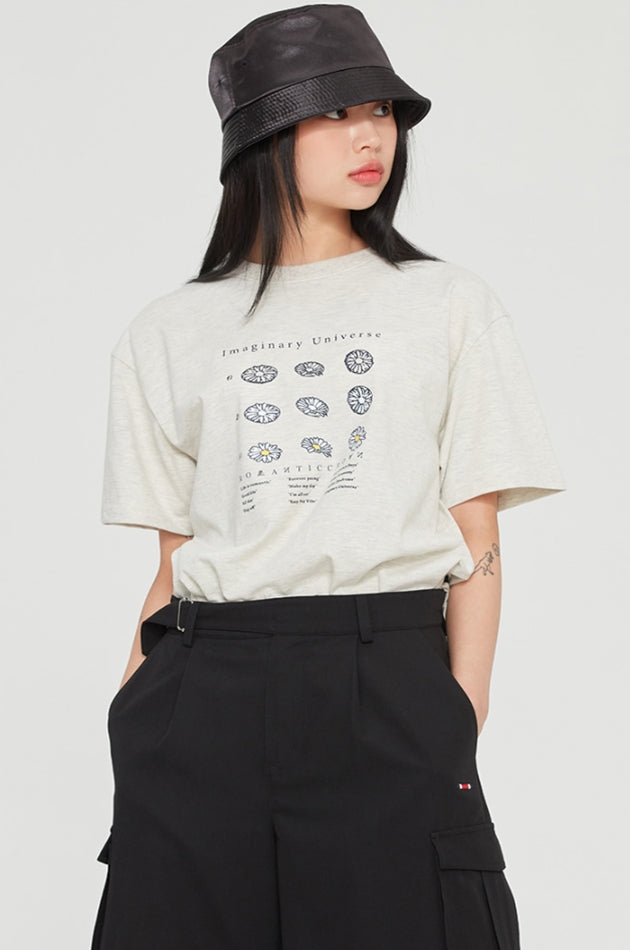 ロマンティッククラウン(ROMANTIC CROWN) FLOWER ILLUSTRATION TEE_MELANGE IVORY