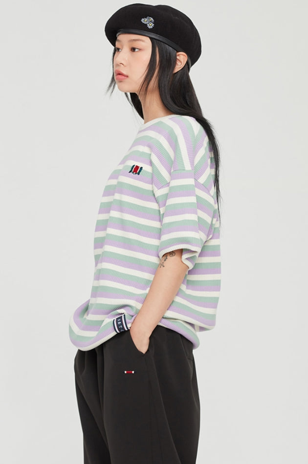 ロマンティッククラウン(ROMANTIC CROWN) STRIPE RIBBED TEE_PURPLE
