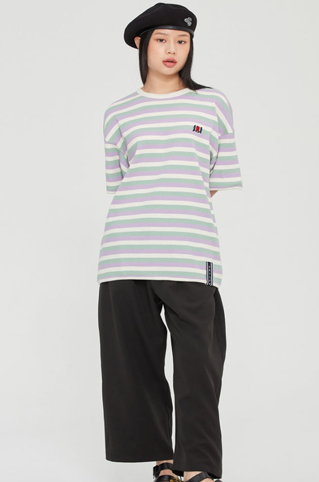 ロマンティッククラウン(ROMANTIC CROWN) STRIPE RIBBED TEE_PURPLE