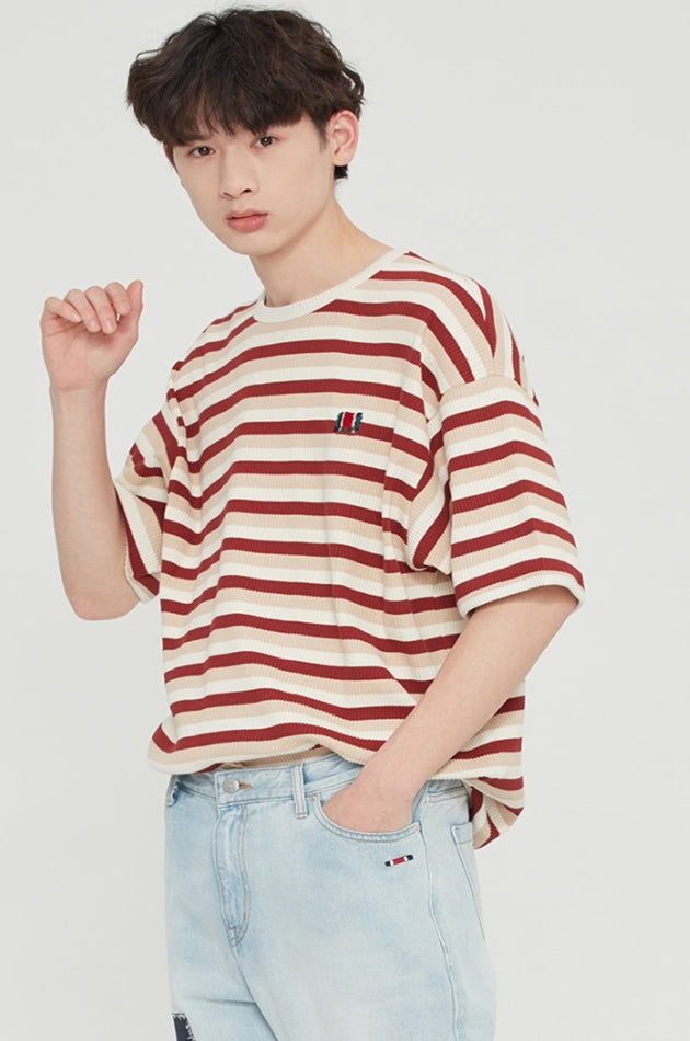 ロマンティッククラウン(ROMANTIC CROWN) STRIPE RIBBED TEE_BURGUNDY