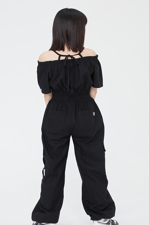 TARGETTO(ターゲット) LINEN CROP OFF SHOULDER SHIRT_BLACK