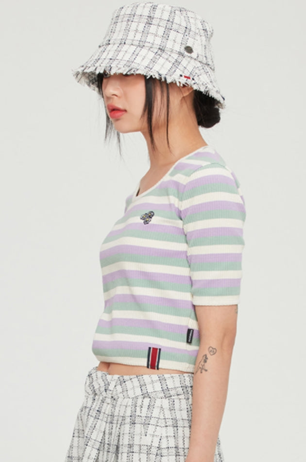ロマンティッククラウン(ROMANTIC CROWN) WOMANS STRIPE RIBBED TEE_PURPLE