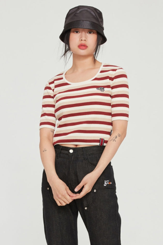 ロマンティッククラウン(ROMANTIC CROWN) WOMANS STRIPE RIBBED TEE_BURGUNDY