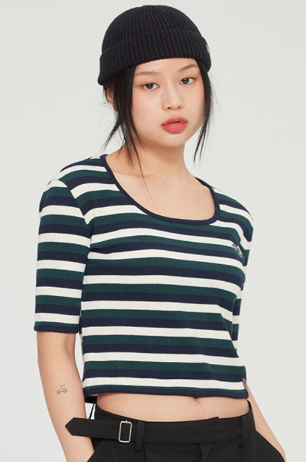 ロマンティッククラウン(ROMANTIC CROWN) WOMANS STRIPE RIBBED TEE_GREEN