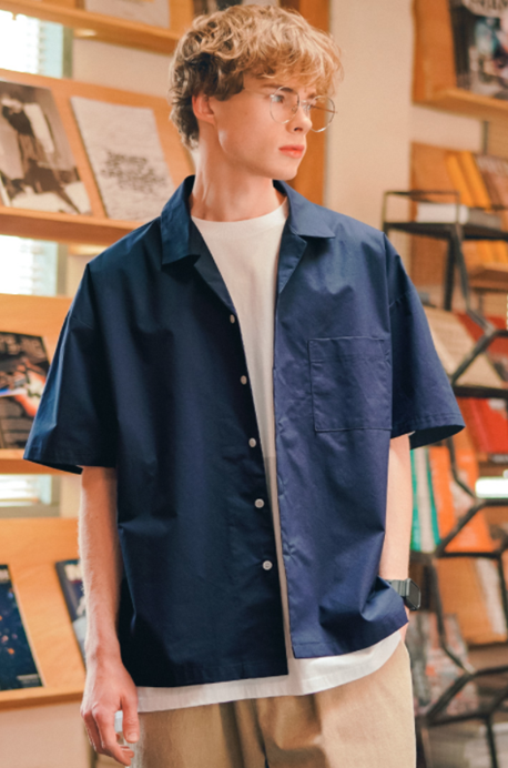 ティーダブリューエヌ(TWN) Summer Cotton Short-sleeved Shirt Navy SHSS3366