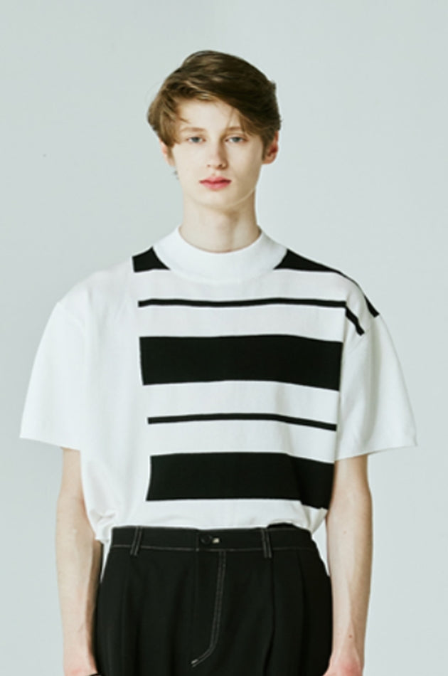 SSY(エスエスワイ) MOCK NECK HALF STRIPE KNIT T-SHIRT white