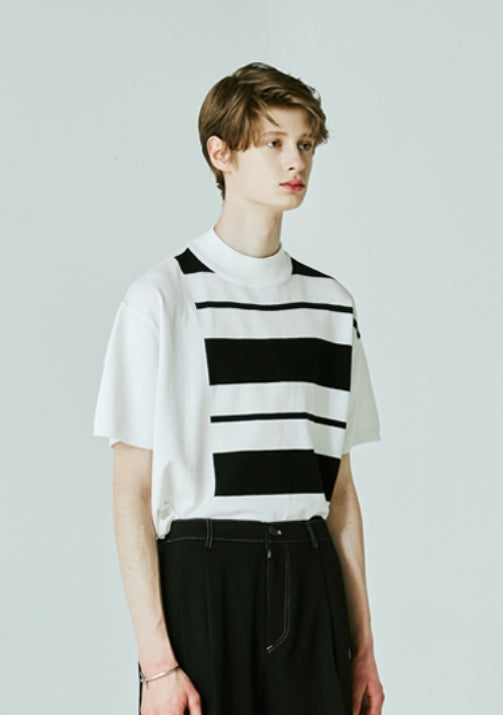 SSY(エスエスワイ) MOCK NECK HALF STRIPE KNIT T-SHIRT white