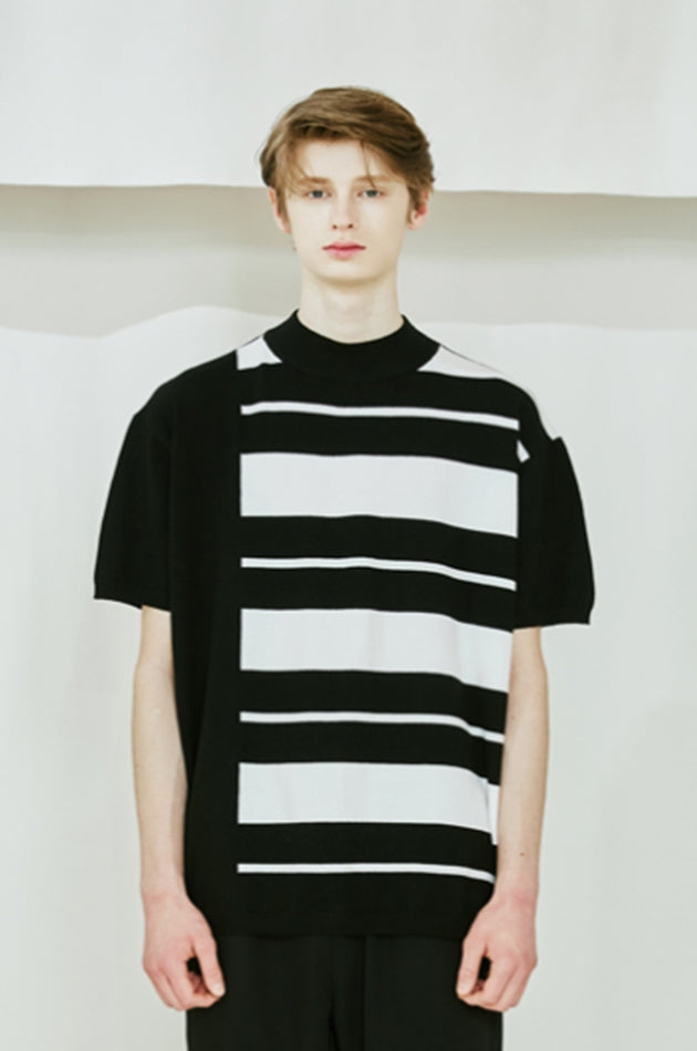 SSY(エスエスワイ) MOCK NECK HALF STRIPE KNIT T-SHIRT black