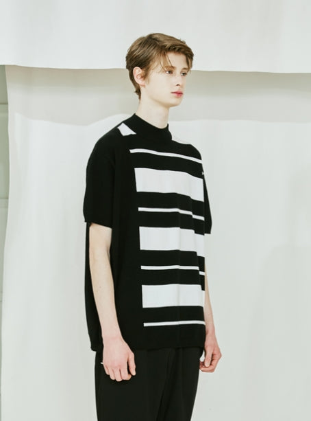 SSY(エスエスワイ) MOCK NECK HALF STRIPE KNIT T-SHIRT black