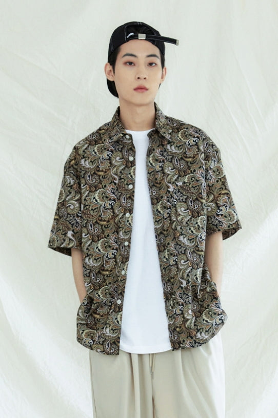 KND(ケイエンド) COMPLEX BYZANTINE PAISLEY 1/2 SHIRT BROWN