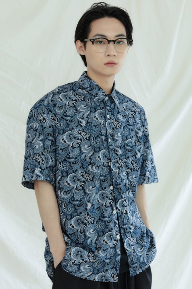 KND(ケイエンド) COMPLEX BYZANTINE PAISLEY 1/2 SHIRT NAVY