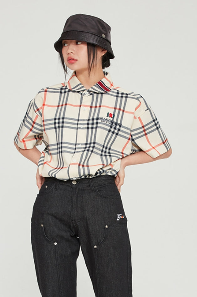 ロマンティッククラウン(ROMANTIC CROWN)   CLASSIC CHECK HALF SHIRT_OATMEAL