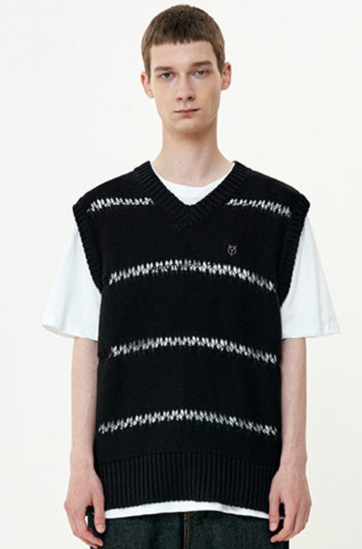 オーワイ(OY) NET STRIPE LOGO KNIT VEST-BLACK
