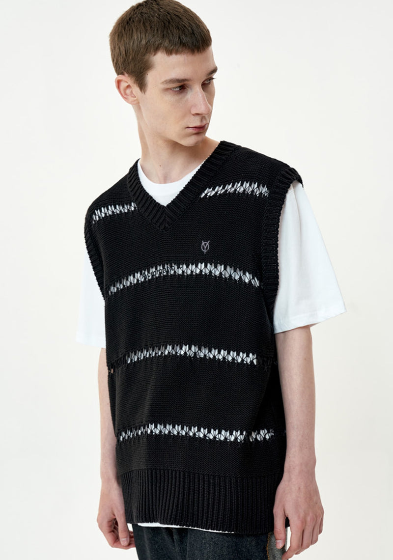 オーワイ(OY) NET STRIPE LOGO KNIT VEST-BLACK