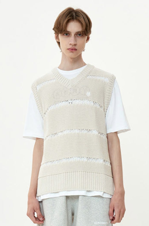 オーワイ(OY) NET STRIPE LOGO KNIT VEST-IVORY