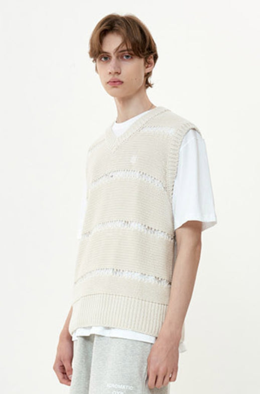 オーワイ(OY) NET STRIPE LOGO KNIT VEST-IVORY