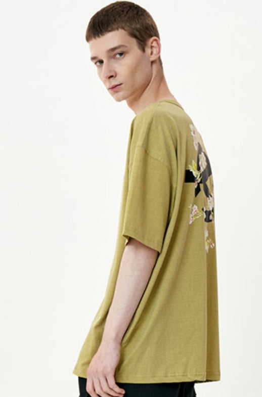 オーワイ(OY) PIGMENT CHERRY BLOSSOMS LOGO T-DARK LIME