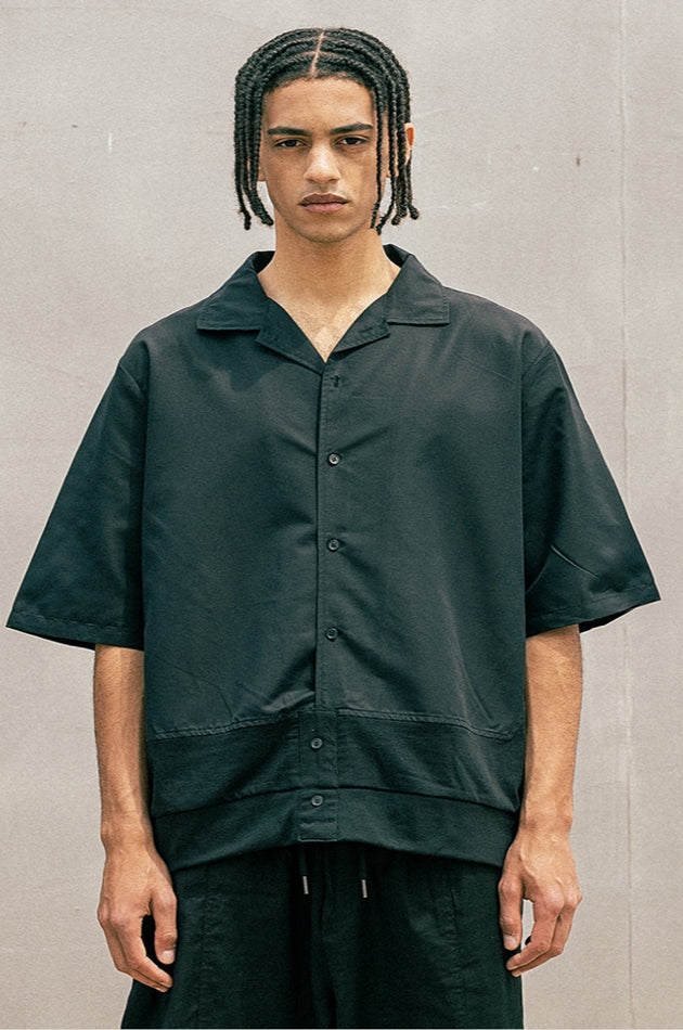 マスノウン(MASSNOUN)  COTTON MIXED OVERSIZED HALF SHIRTS MUOST004-BK