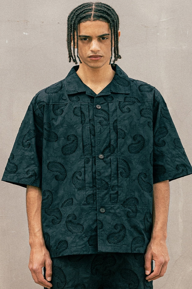 マスノウン(MASSNOUN)  PAISLEY JAQUARD OVERSIZED HALF SHIRTS MUOST007-BK