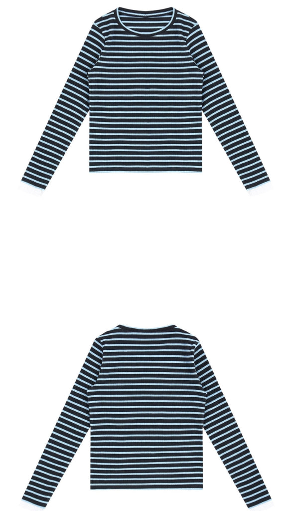 ORDINARY PEOPLE(オーディナリーピープル)  ORDINARY PEOPLE FRILL SLEEVE POINT BLUE STRIPE T-SHIRTS