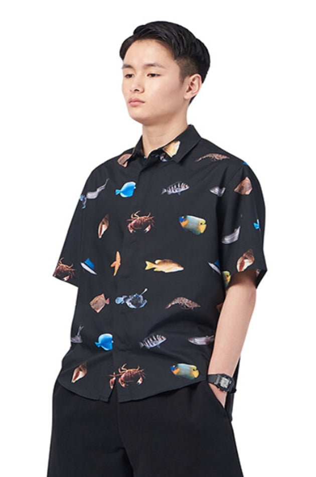 NOMANUAL(ノーマニュアル) OCEAN FRIENDS SHORT SLEEVE SHIRTS - BLACK