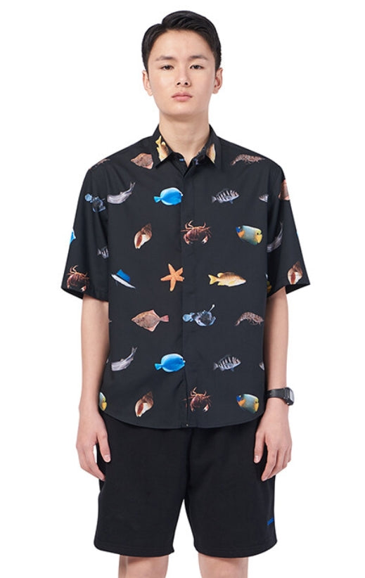 NOMANUAL(ノーマニュアル) OCEAN FRIENDS SHORT SLEEVE SHIRTS - BLACK