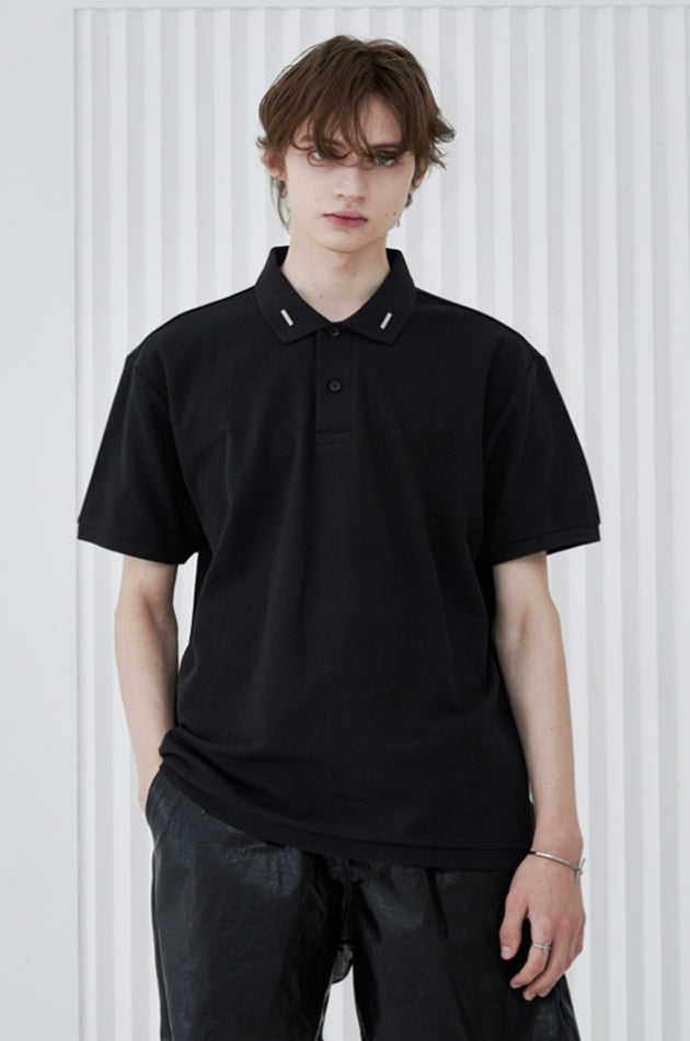 SSY(エスエスワイ) collar iron tip pique polo t-shirt black