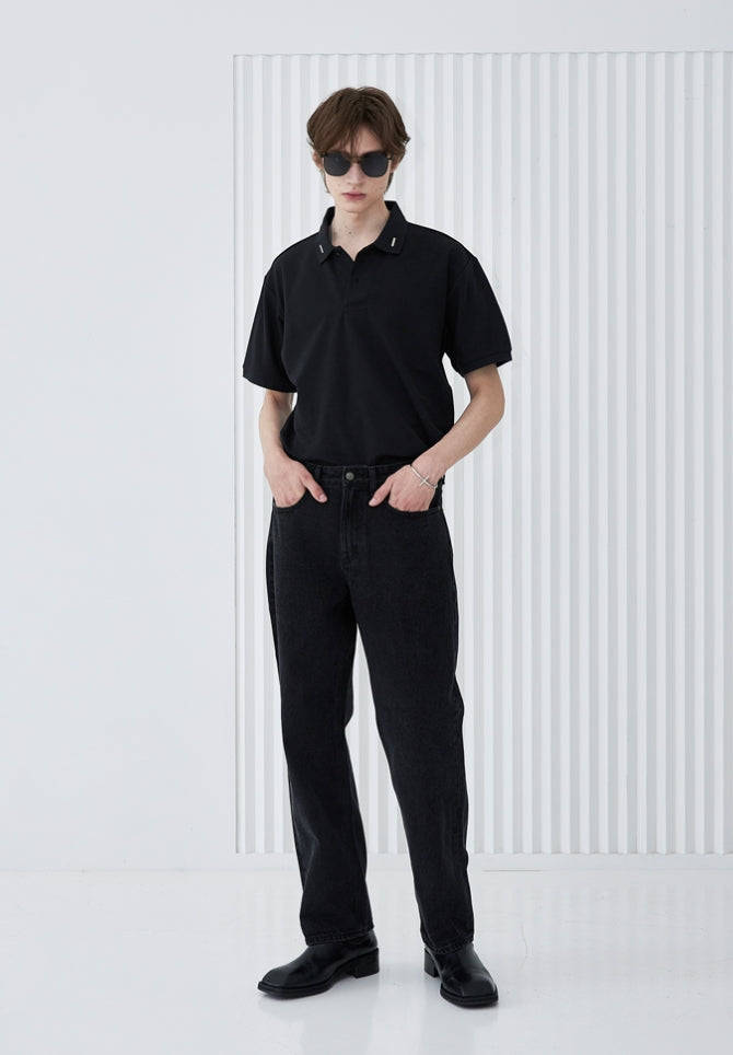 SSY(エスエスワイ) collar iron tip pique polo t-shirt black