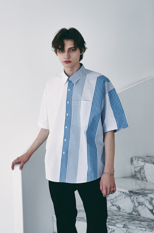 SSY(エスエスワイ)  solid & multi stripe half shirt blue