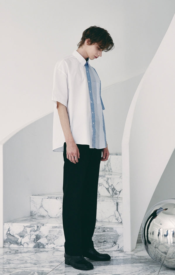 SSY(エスエスワイ)  solid & multi stripe half shirt blue