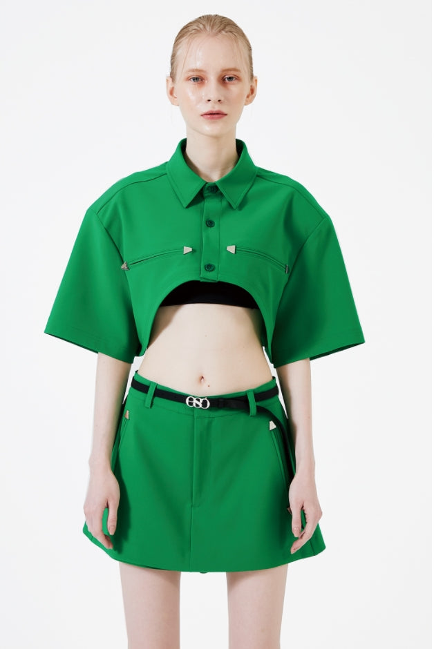 イーエスシースタジオ(ESC STUDIO) Stud crop pad shirt jacket (green)