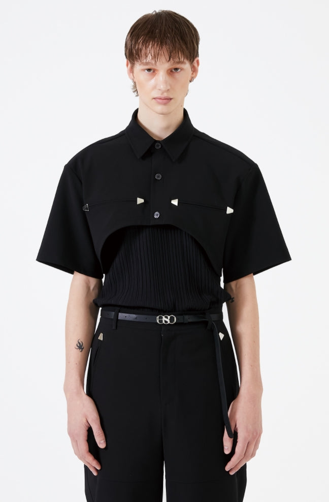 イーエスシースタジオ(ESC STUDIO)  Stud crop pad shirt jacket (black)