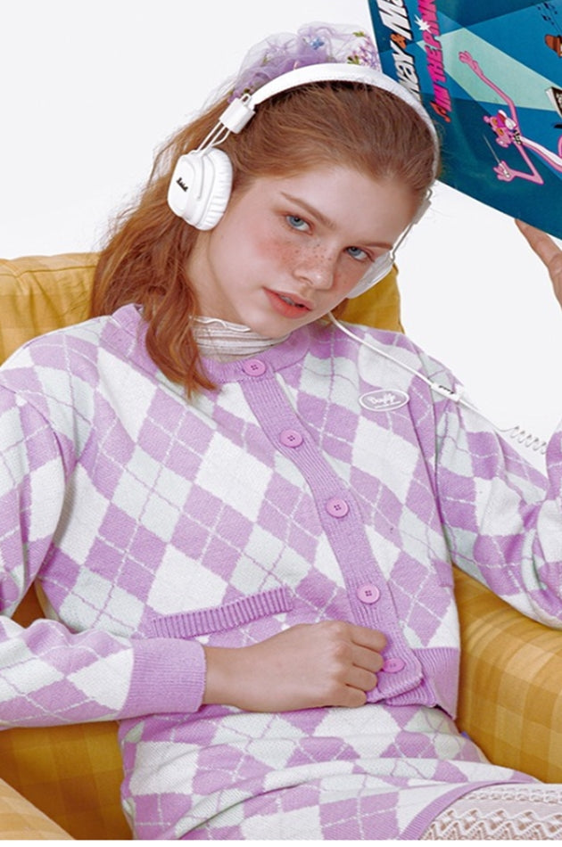 デイライフ(Daylife)  DAYLIFE ROUND NECK ARGYLE KNIT CARDGAN (PURPLE/MINT)