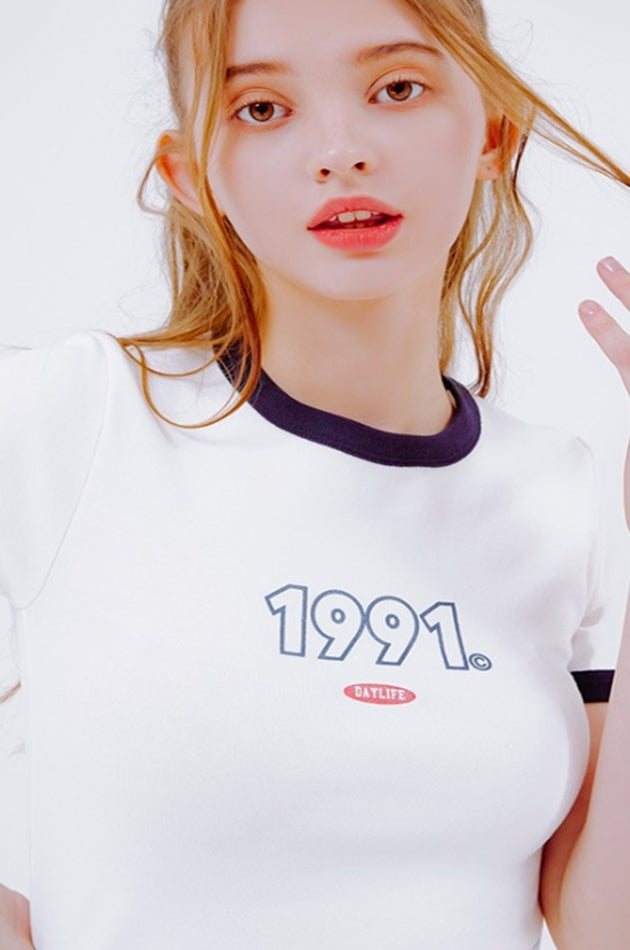 デイライフ(Daylife)  DAYLIFE 1991 CROP T-SHIRTS (WHITE/NAVY)