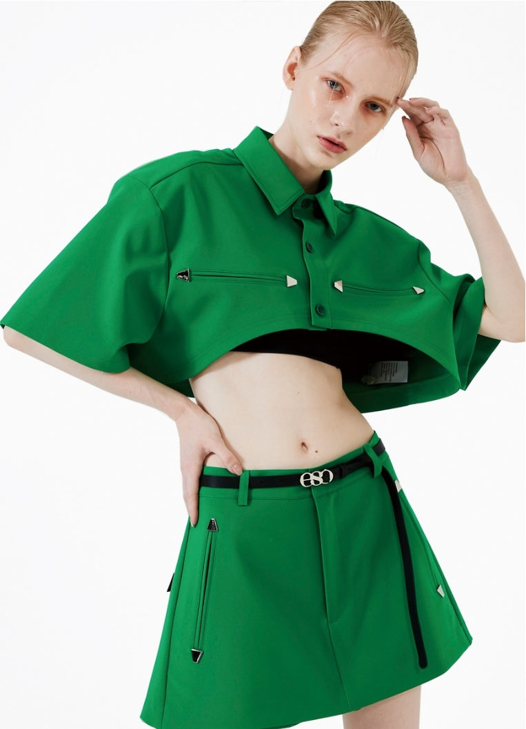 イーエスシースタジオ(ESC STUDIO) Stud crop pad shirt jacket (green)