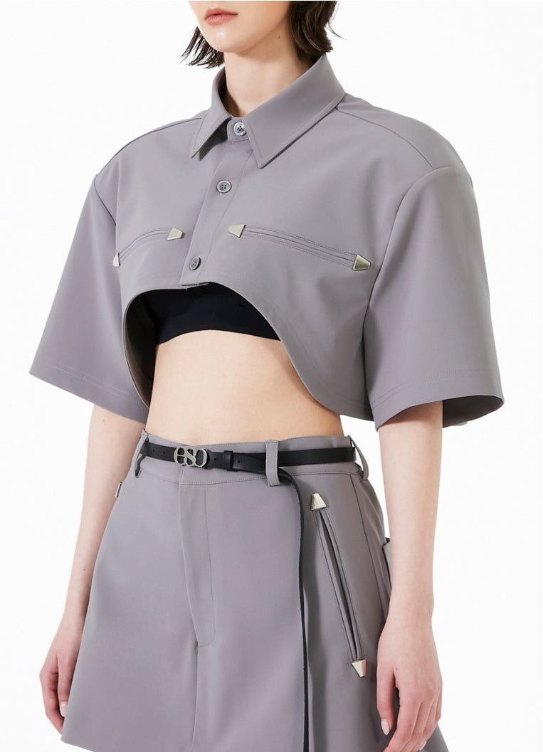 イーエスシースタジオ(ESC STUDIO)  Stud crop pad shirt jacket (grey)