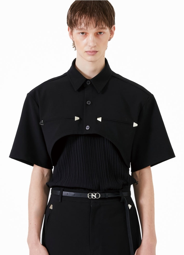 イーエスシースタジオ(ESC STUDIO)  Stud crop pad shirt jacket (black)