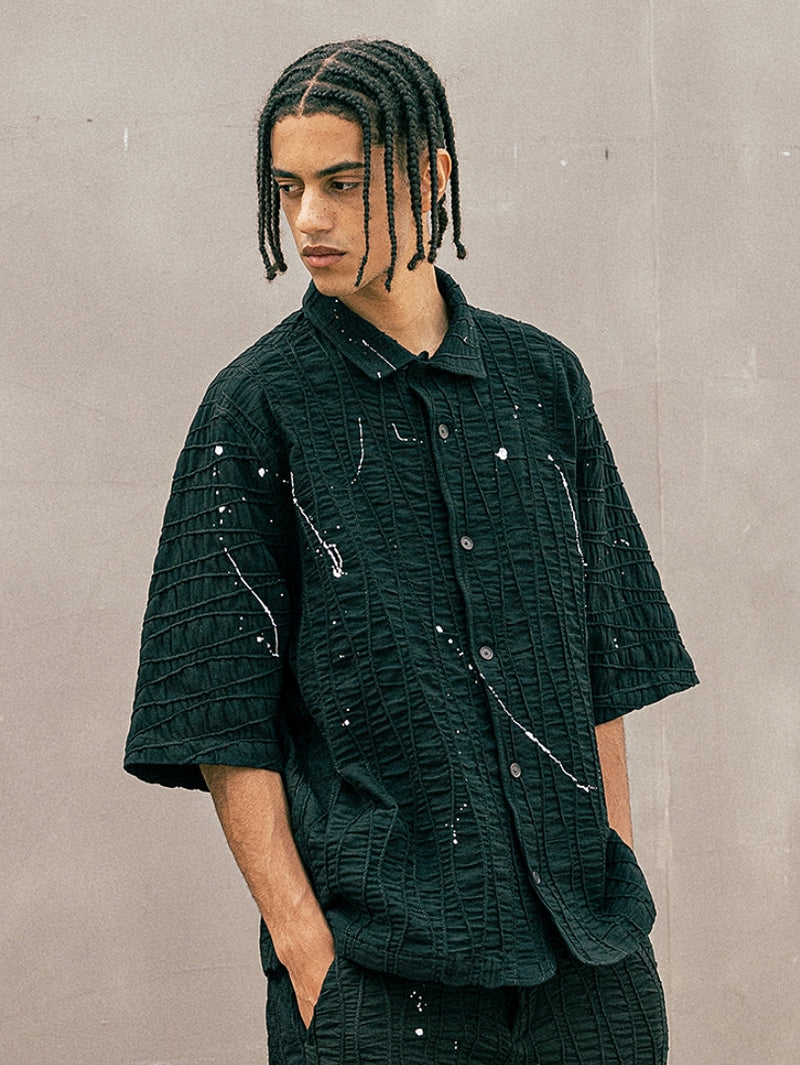 マスノウン(MASSNOUN) CREASE JAQUARD OVERSIZED HALF SHIRTS MUOST002-BK