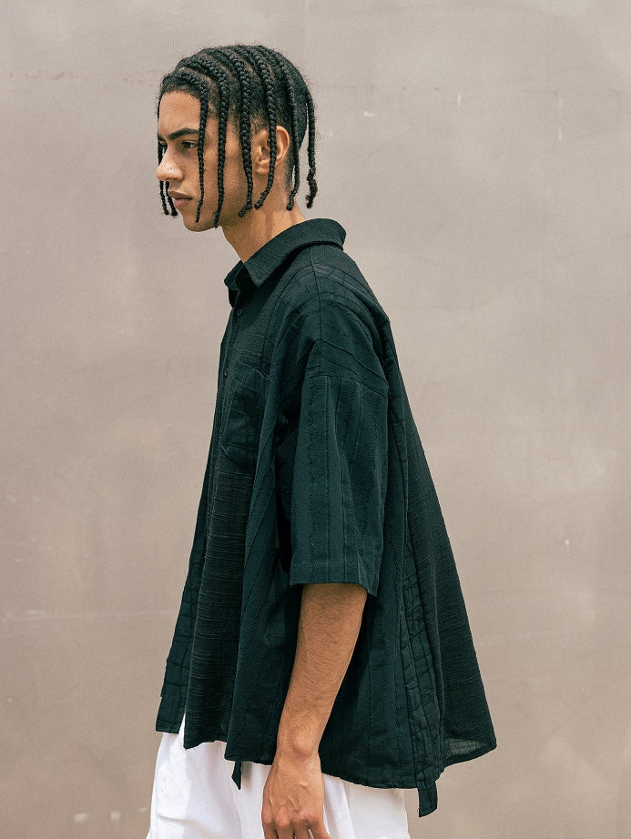 マスノウン(MASSNOUN) MULTI CHECK OVERSIZED HALF SHIRTS MUOST001-BK