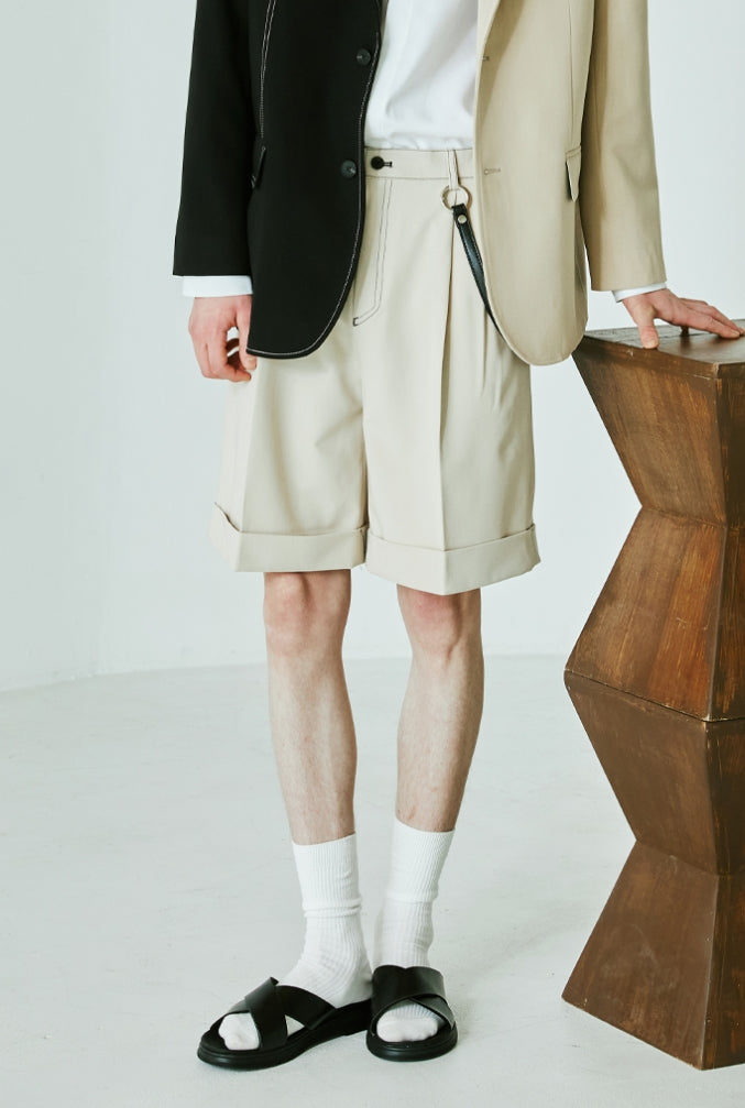 SSY(エスエスワイ) Stitch wide turn up half pants beige