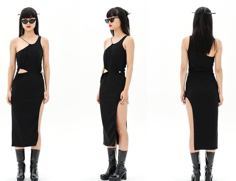 オージーオーディー(OZOD)  GATHER SLIT DRESS_BLACK